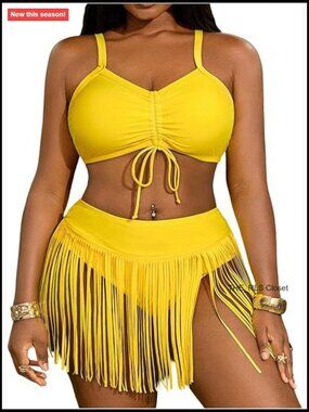 Plus Size High Waisted Bikini Set with Fringe Ruched Details